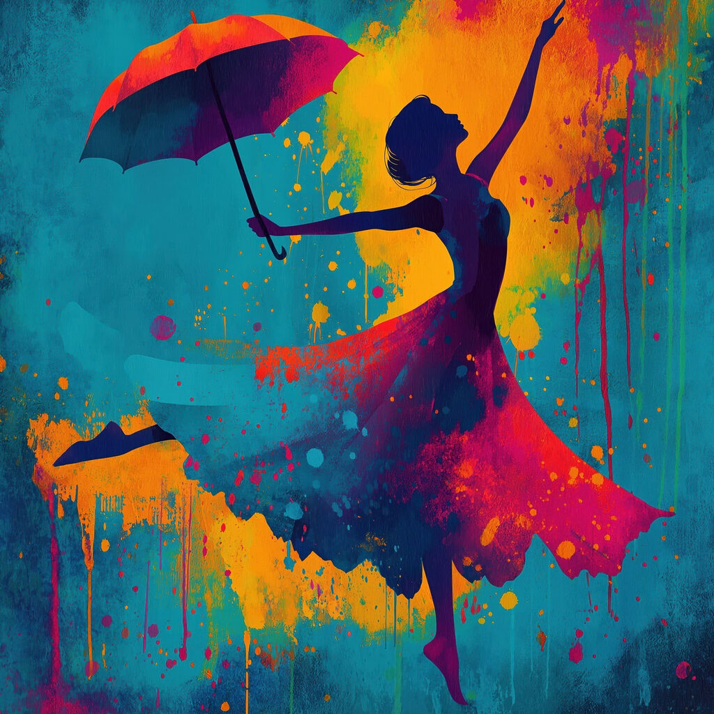 Dança com guarda-chuva colorido — design completo