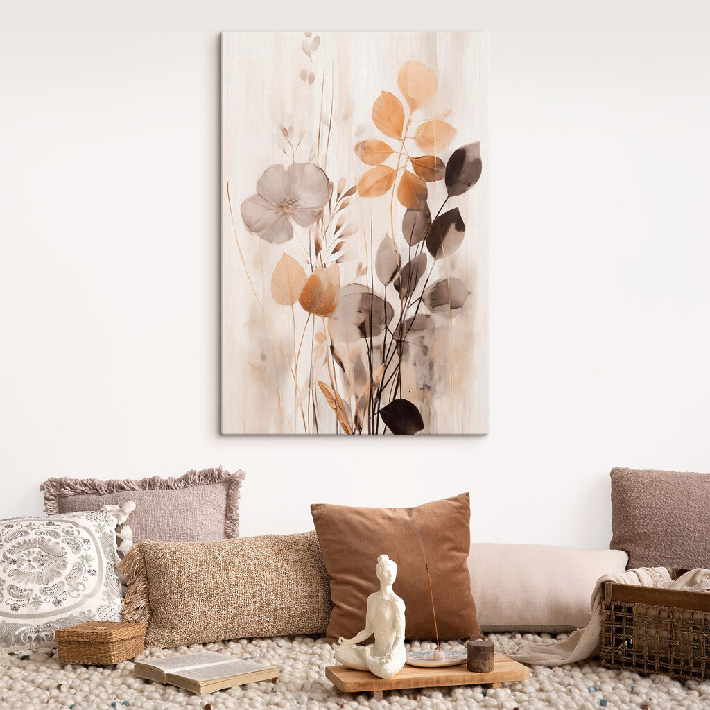 Flores transparentes, folhas ocre num interior