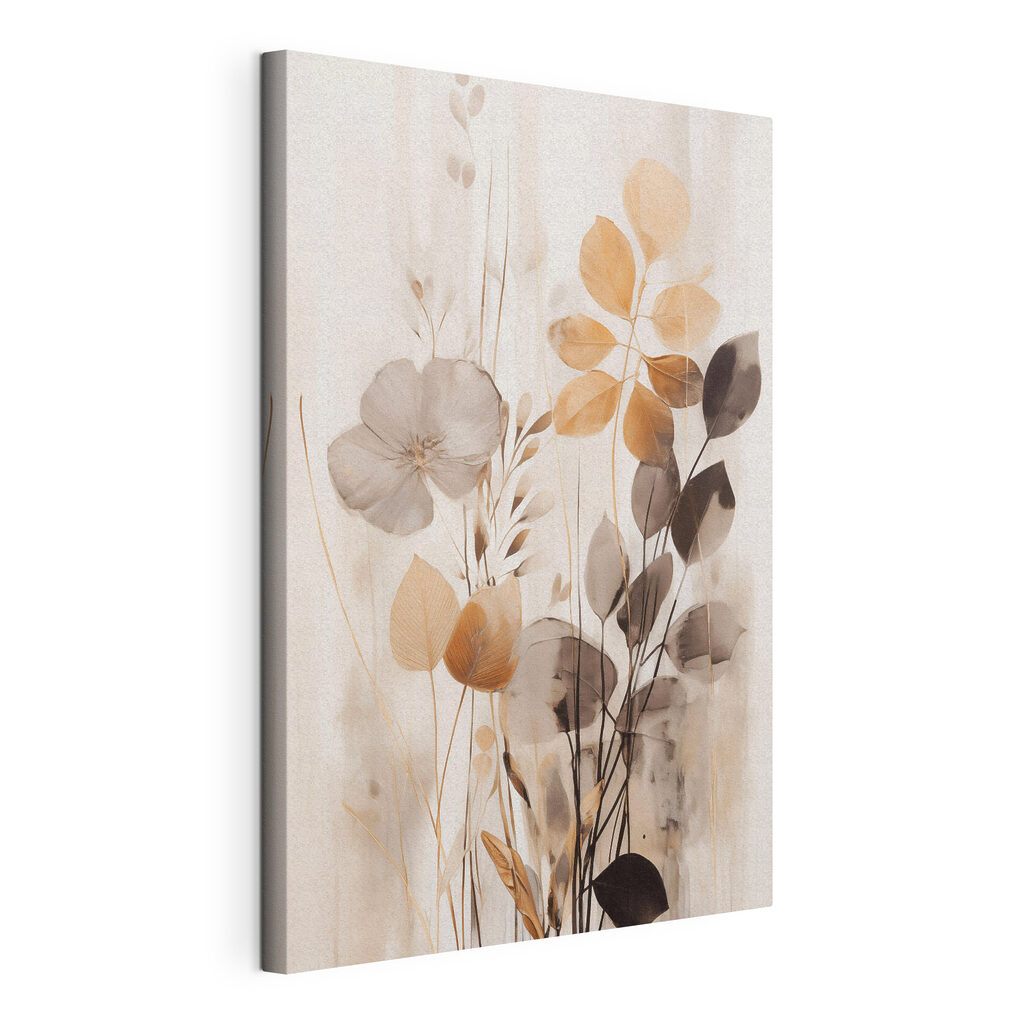 Flores transparentes, folhas ocre, tela esticada e borda contínua