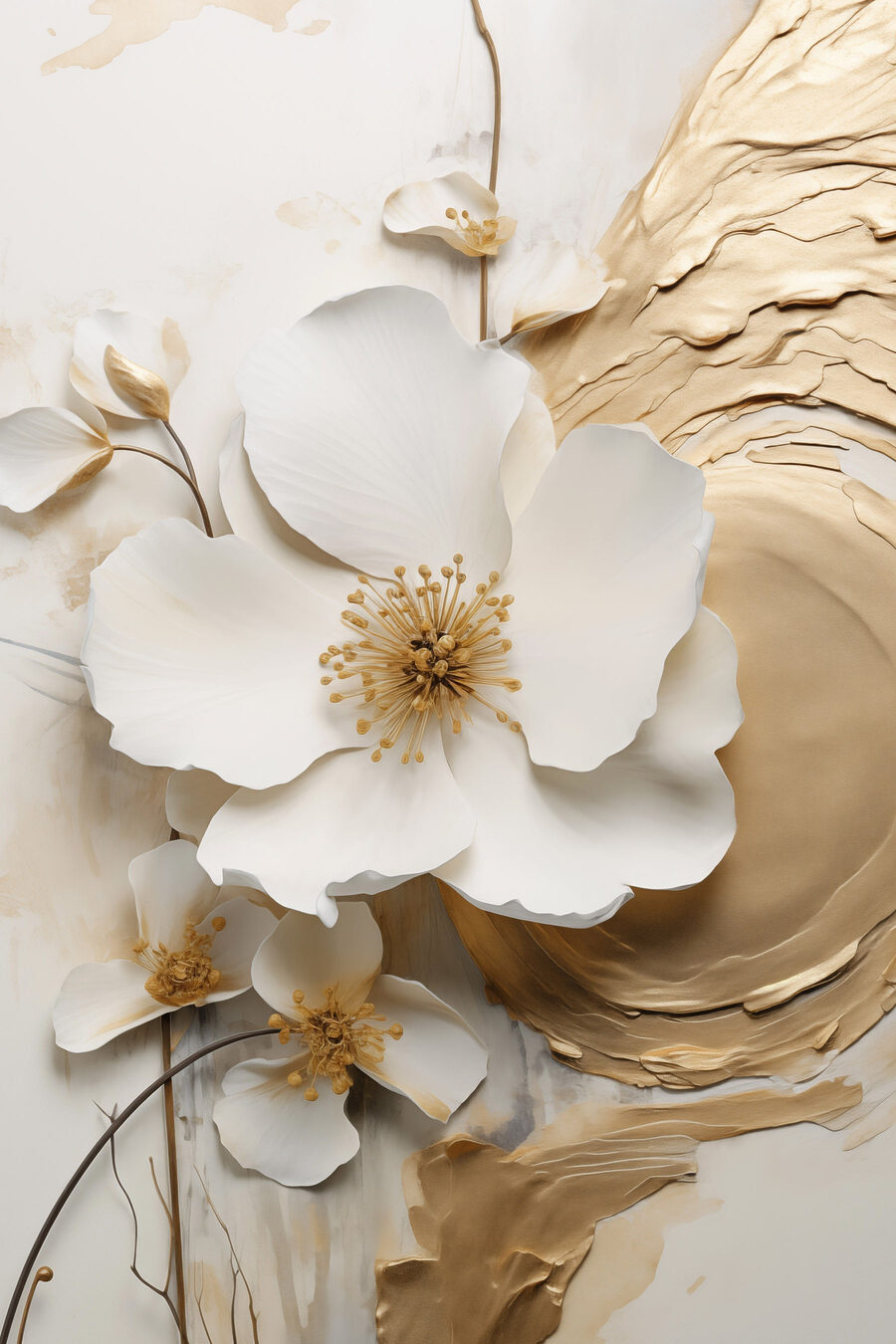 Flor branca, ondas douradas — design completo
