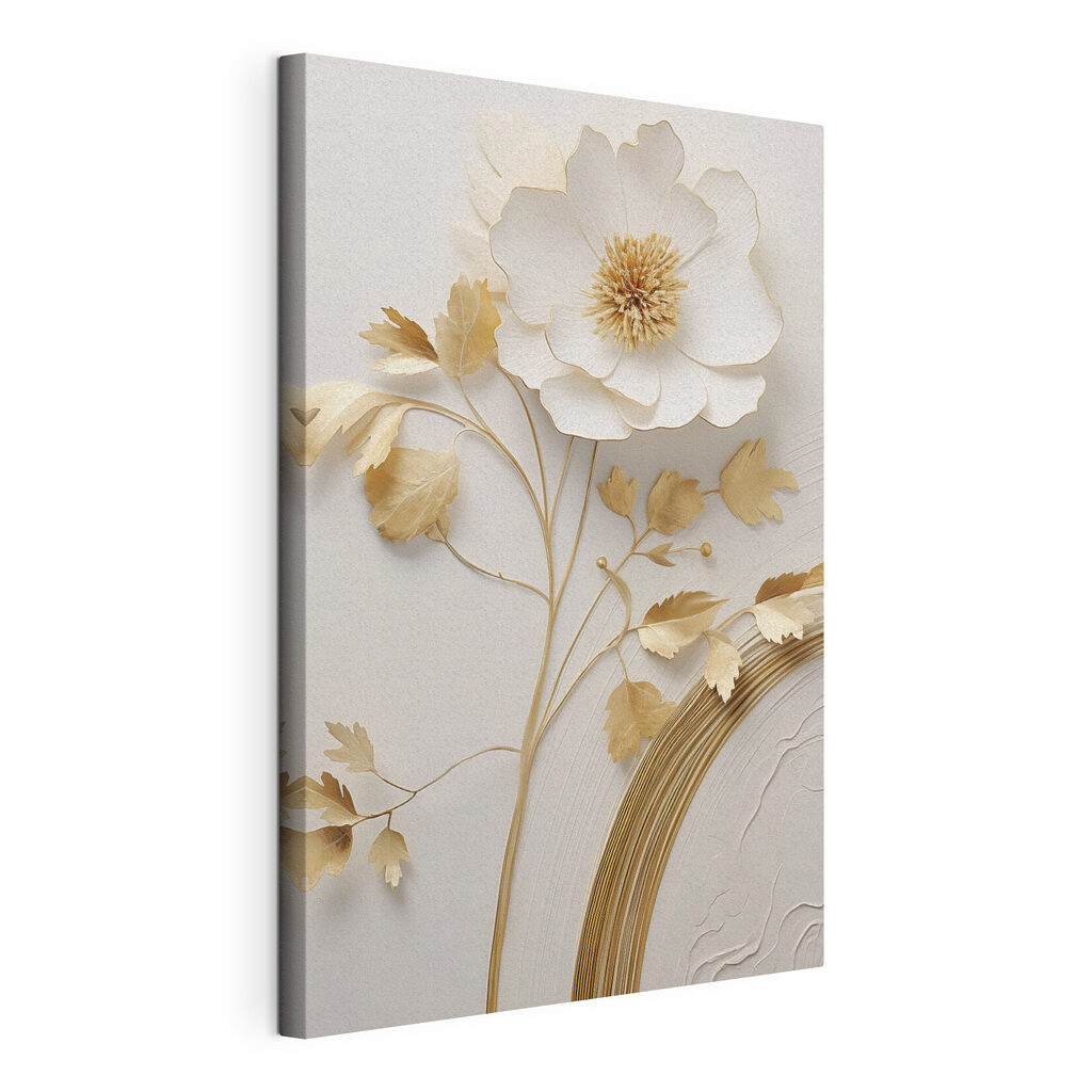 Flor sobre arco dourado, tela esticada e borda contínua
