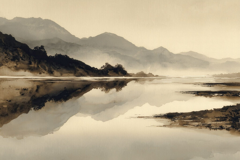Montanhas refletidas na neblina — design completo