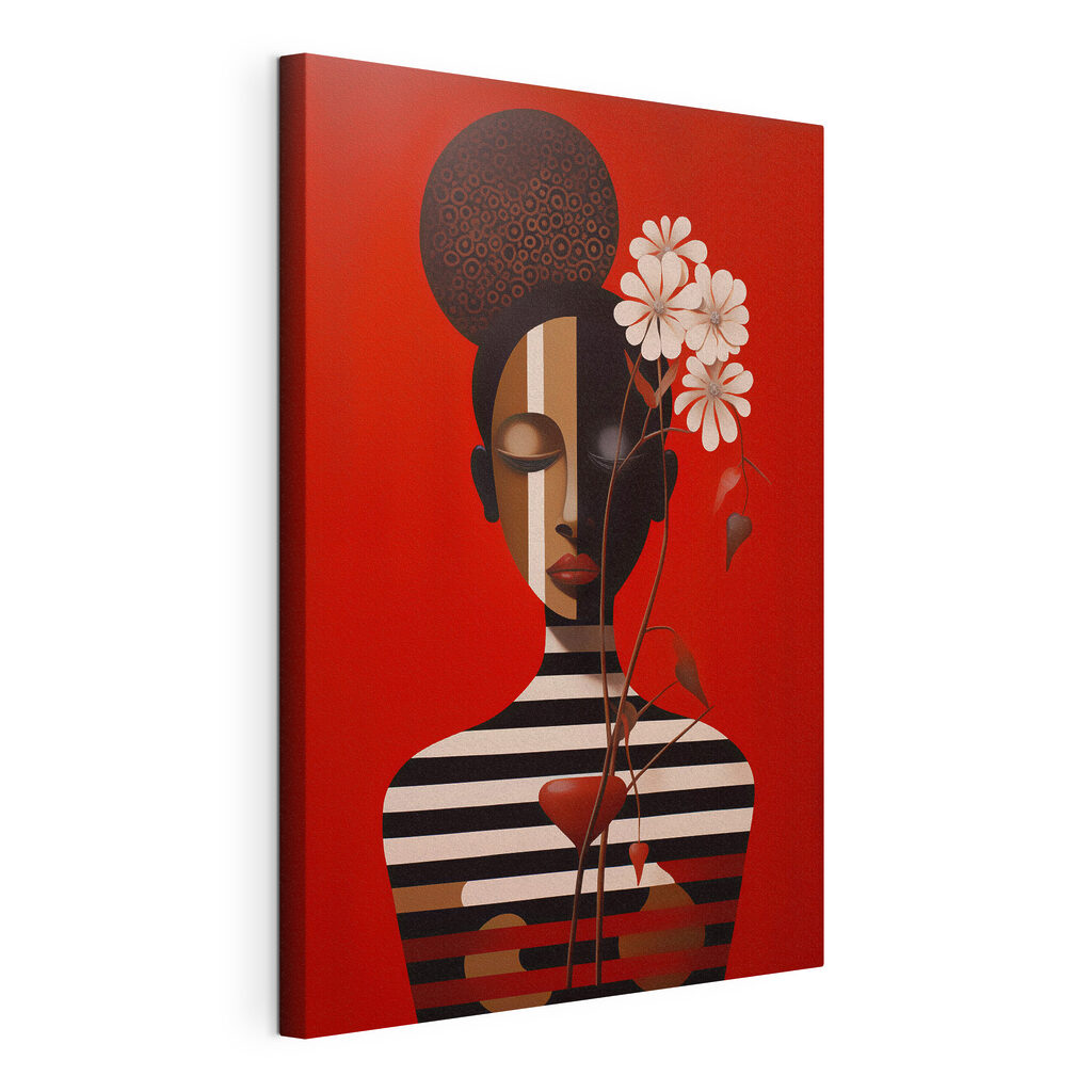 Retrato sobre fundo vermelho, tela esticada e borda contínua