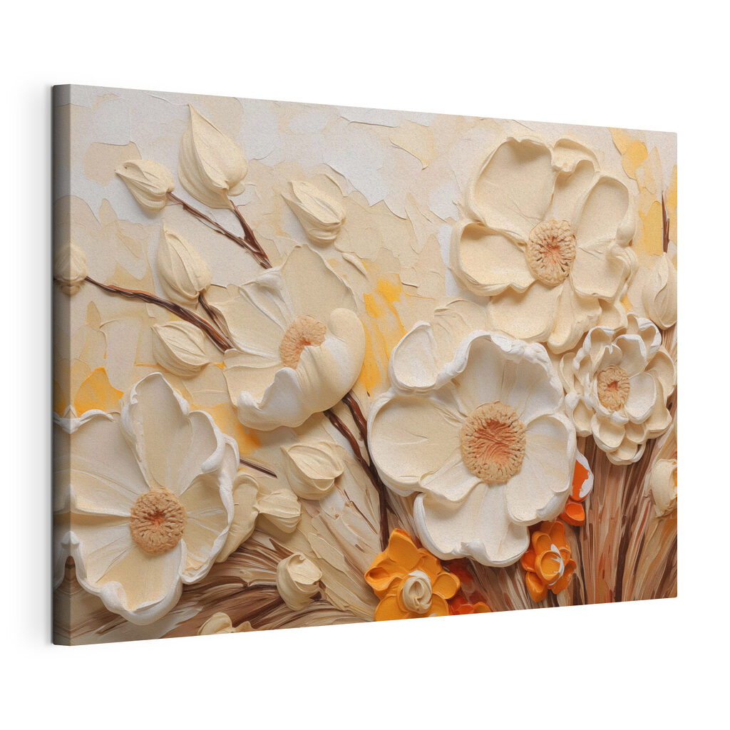 Flores creme com ocre, tela esticada e borda contínua