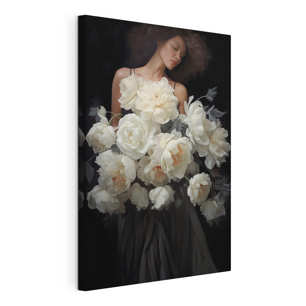Flores sobre o vestido, tela esticada e borda contínua