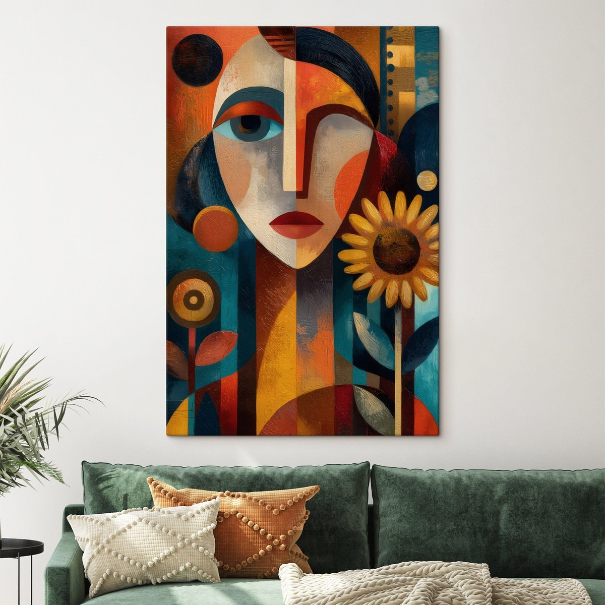 Retrato abstrato com flores num interior