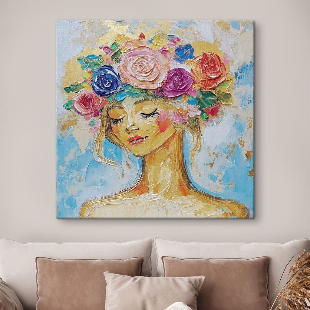 Mulher com coroa floral — interior 1
