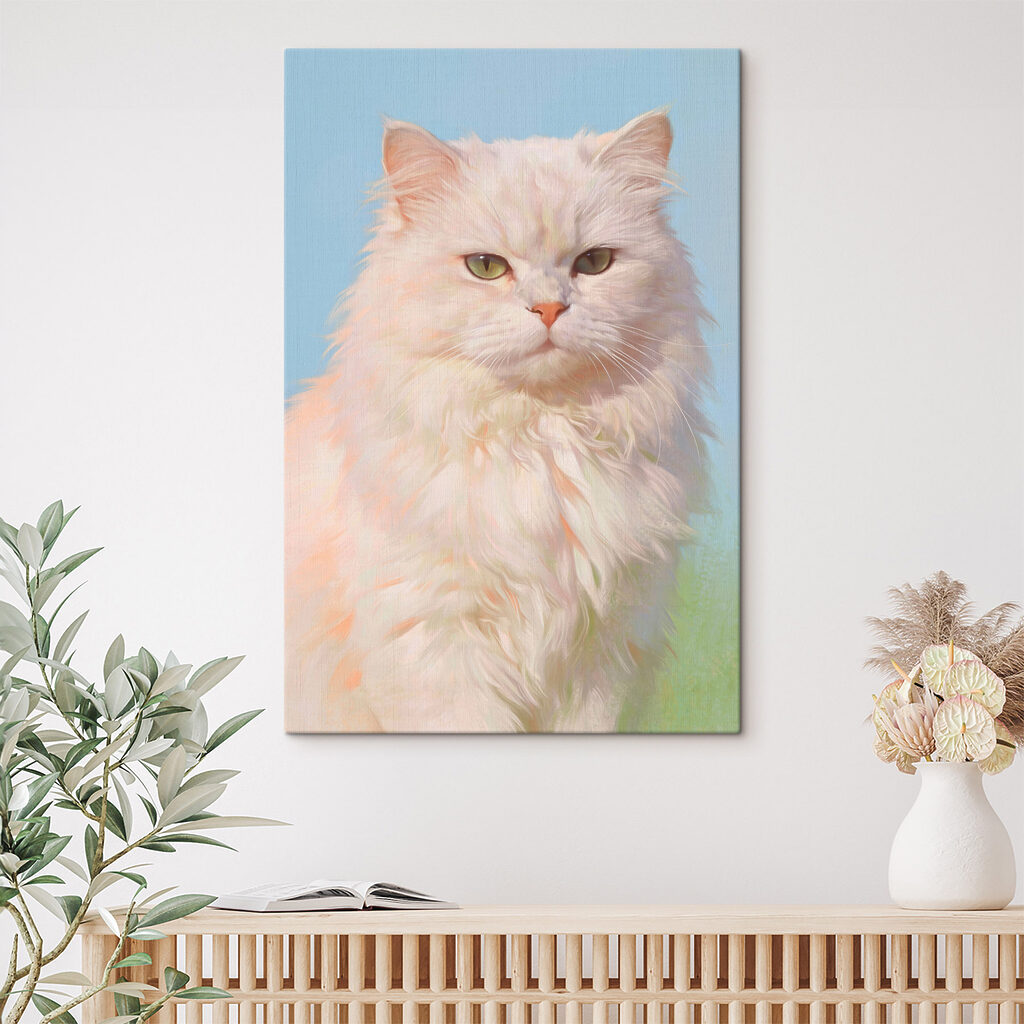 Gato branco em azul-pastel — interior 1