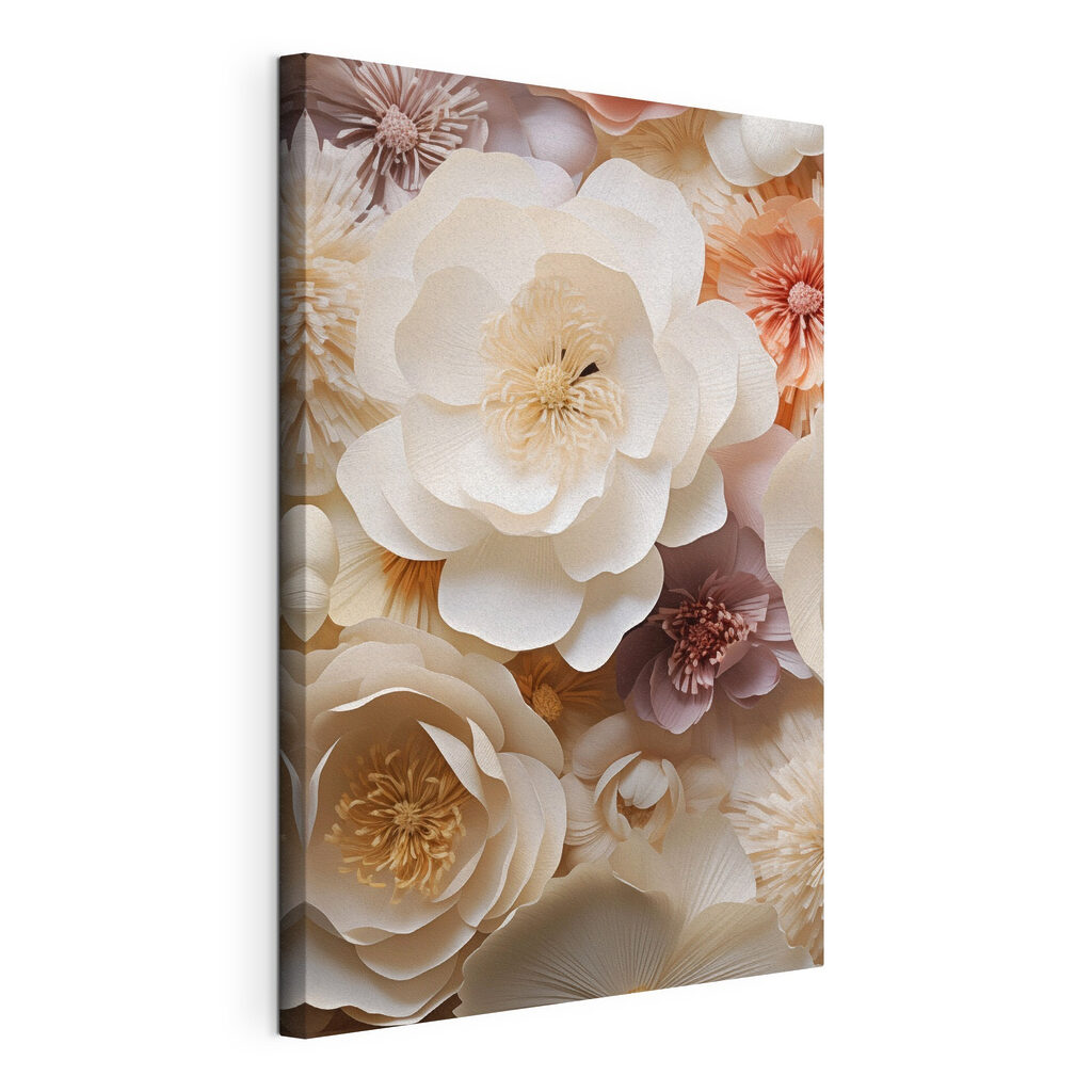 Flores creme e ferrugem, tela esticada e borda contínua
