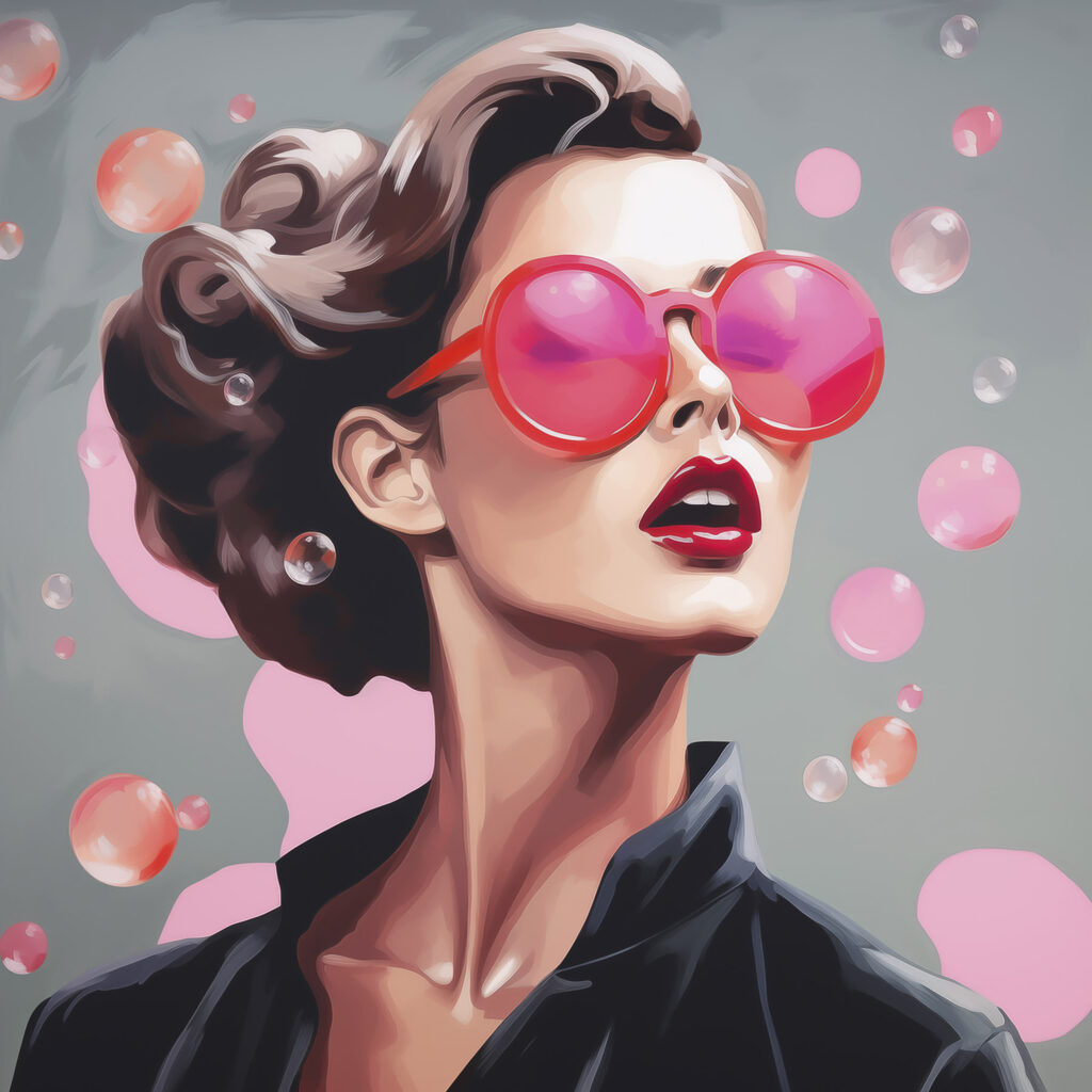 Óculos rosa entre bolhas — design completo