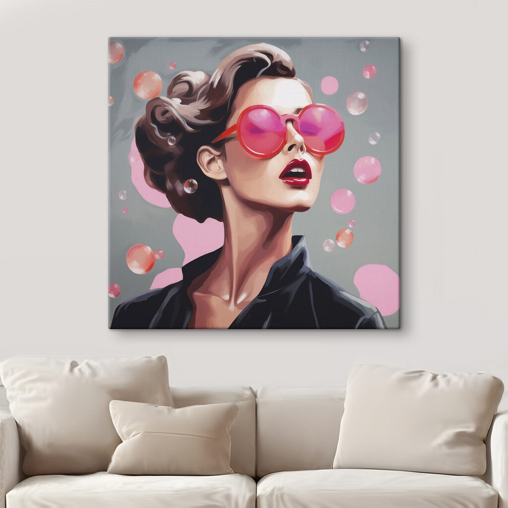 Óculos rosa entre bolhas — interior 2