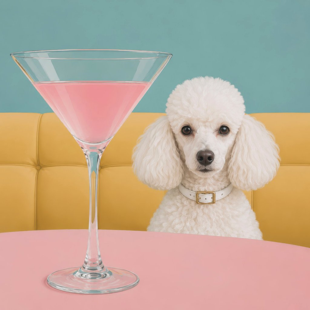 Caniche branco com copo — design completo