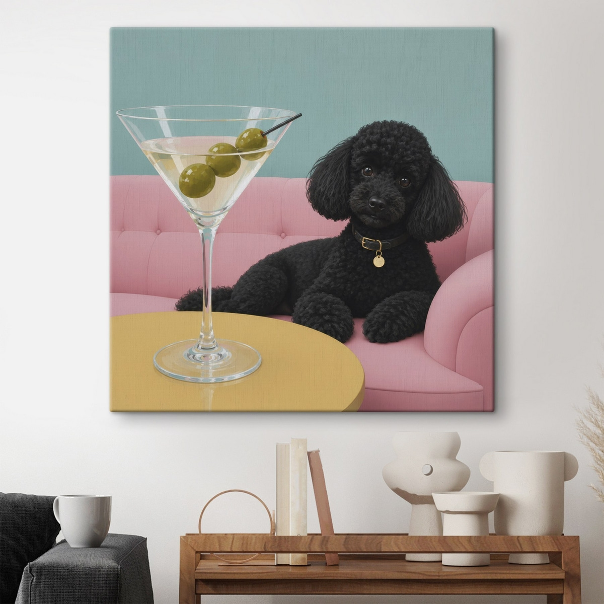 Cão preto com copo — interior 2