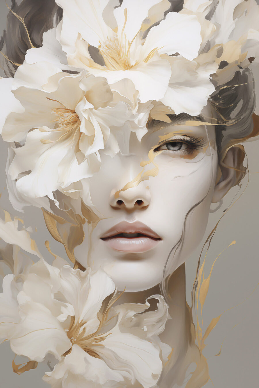 Olhar entre flores brancas — design completo