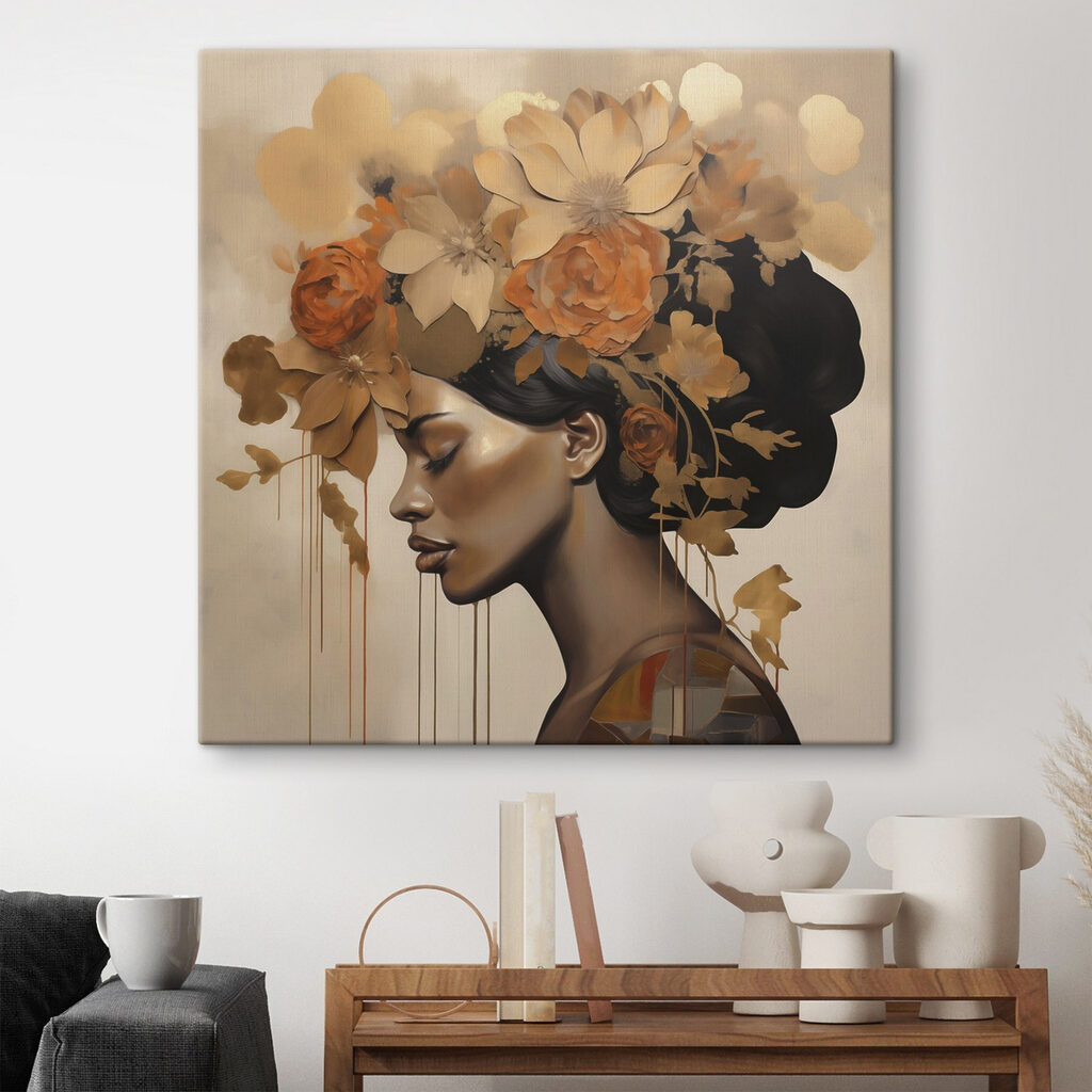 Perfil escuro sob flores — interior 2