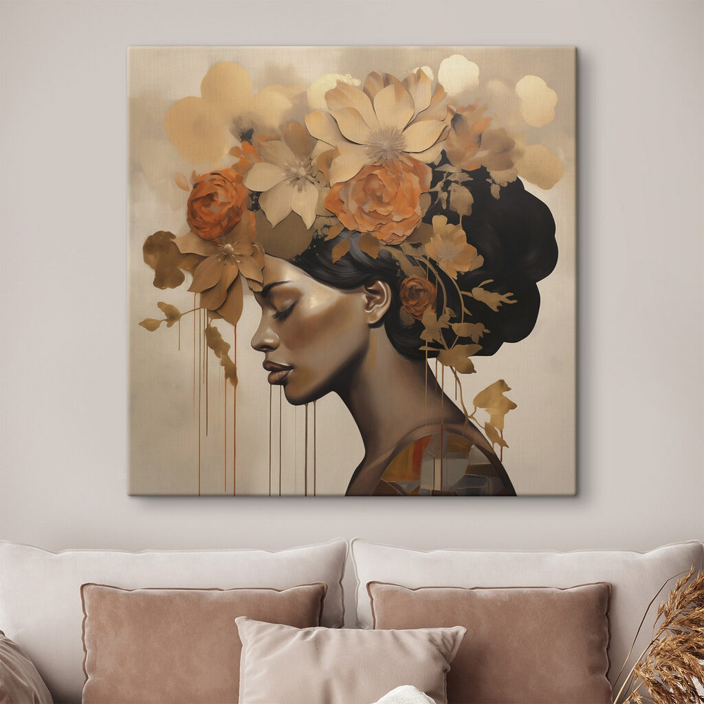 Perfil escuro sob flores — interior 1