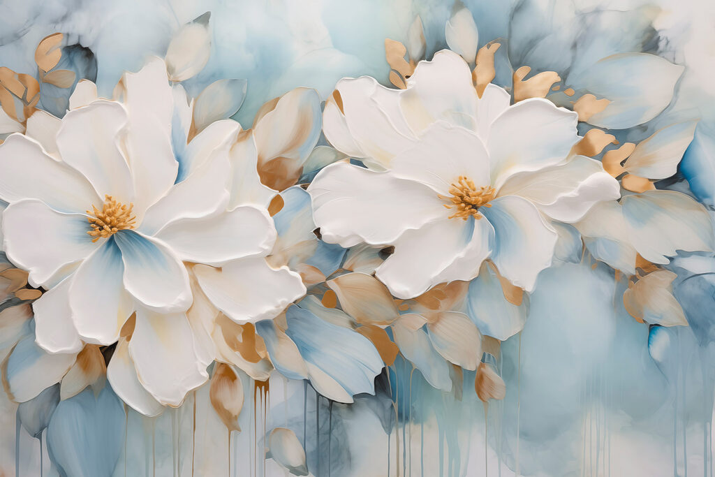 Flores brancas em azul-pastel — design completo