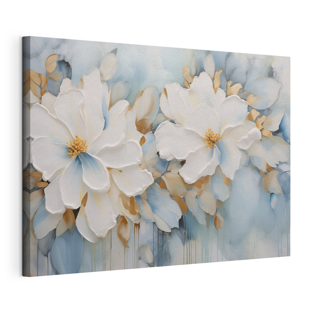 Flores brancas em azul-pastel, tela esticada e borda contínua