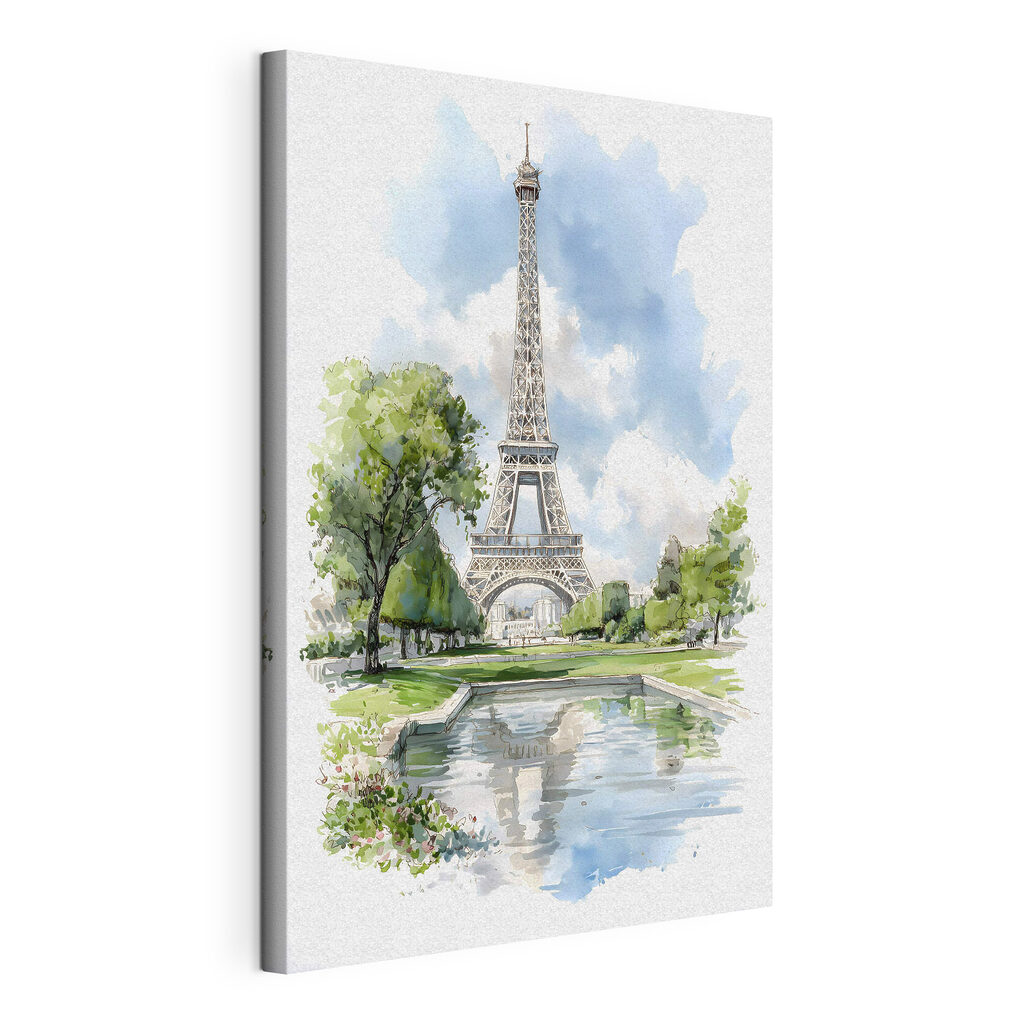 Torre Eiffel entre árvores, tela esticada e borda contínua