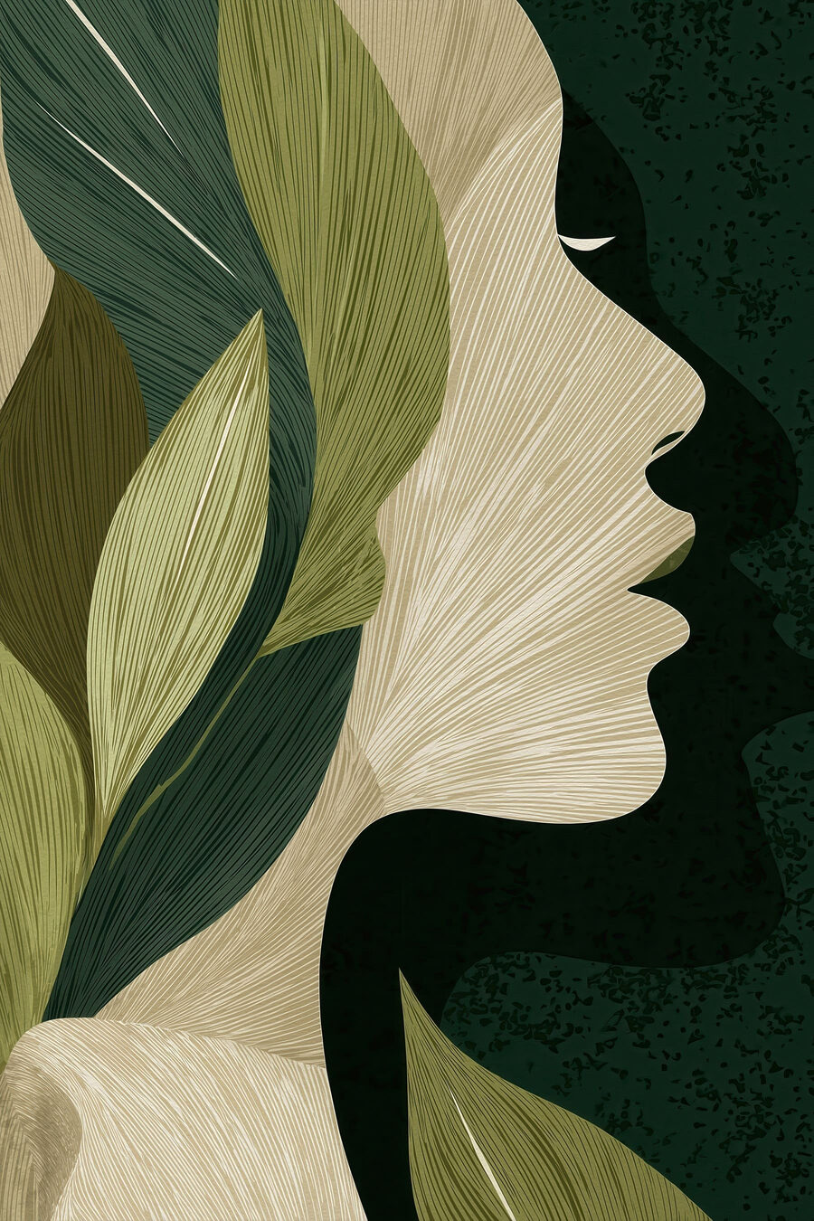 Perfil feminino em folhas — design completo