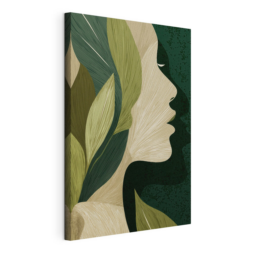 Perfil feminino em folhas, tela esticada e borda contínua