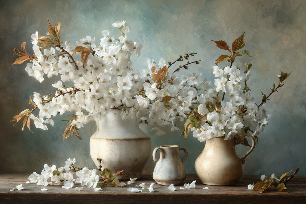 Três jarros com flores — design completo