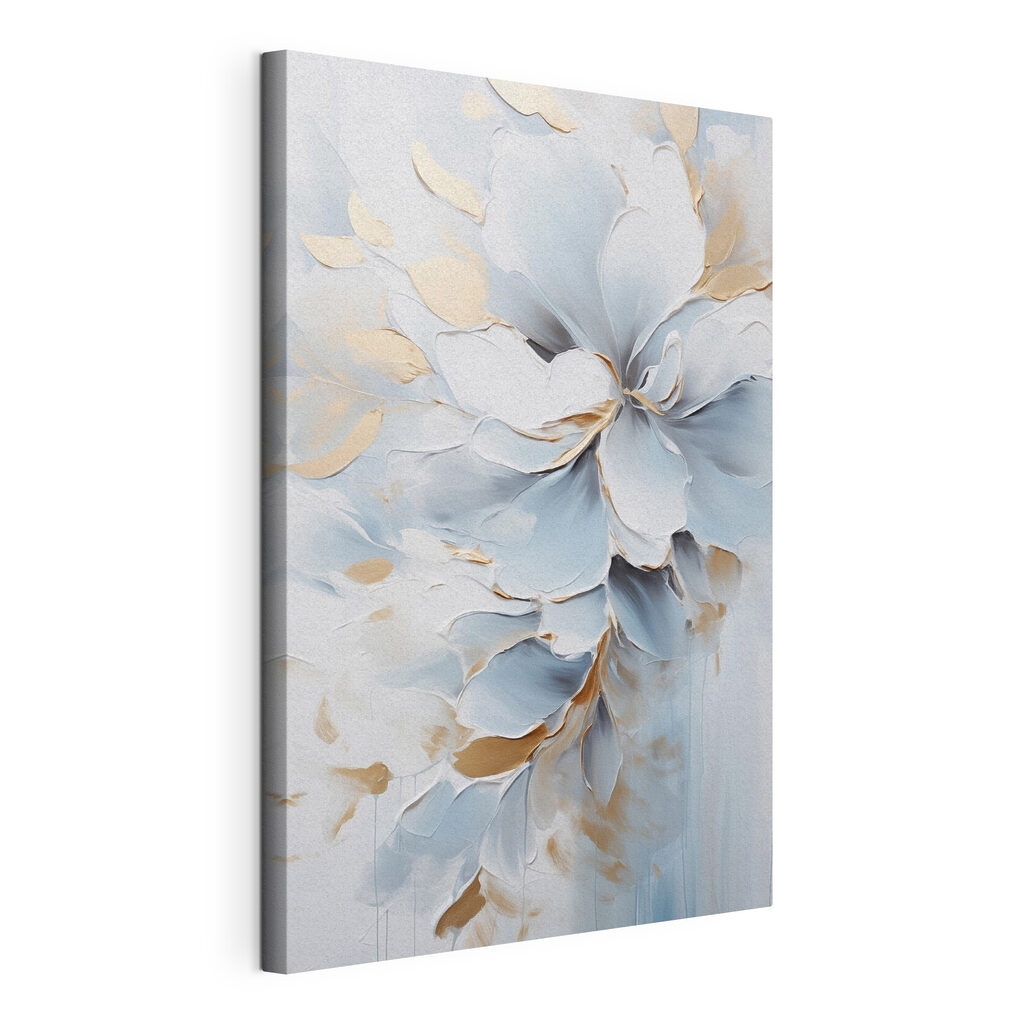 Flor em azul, tela esticada e borda contínua