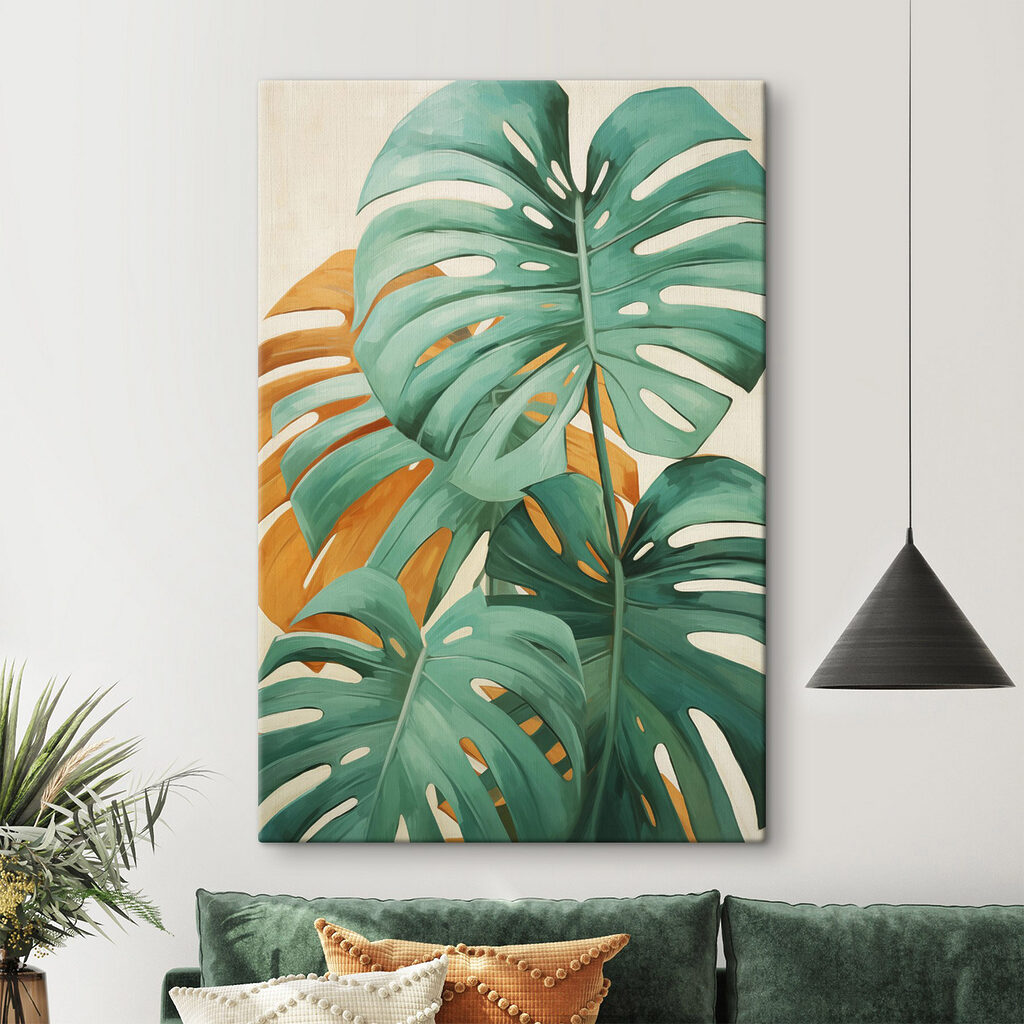 Monstera verde sobre ocre — interior 1