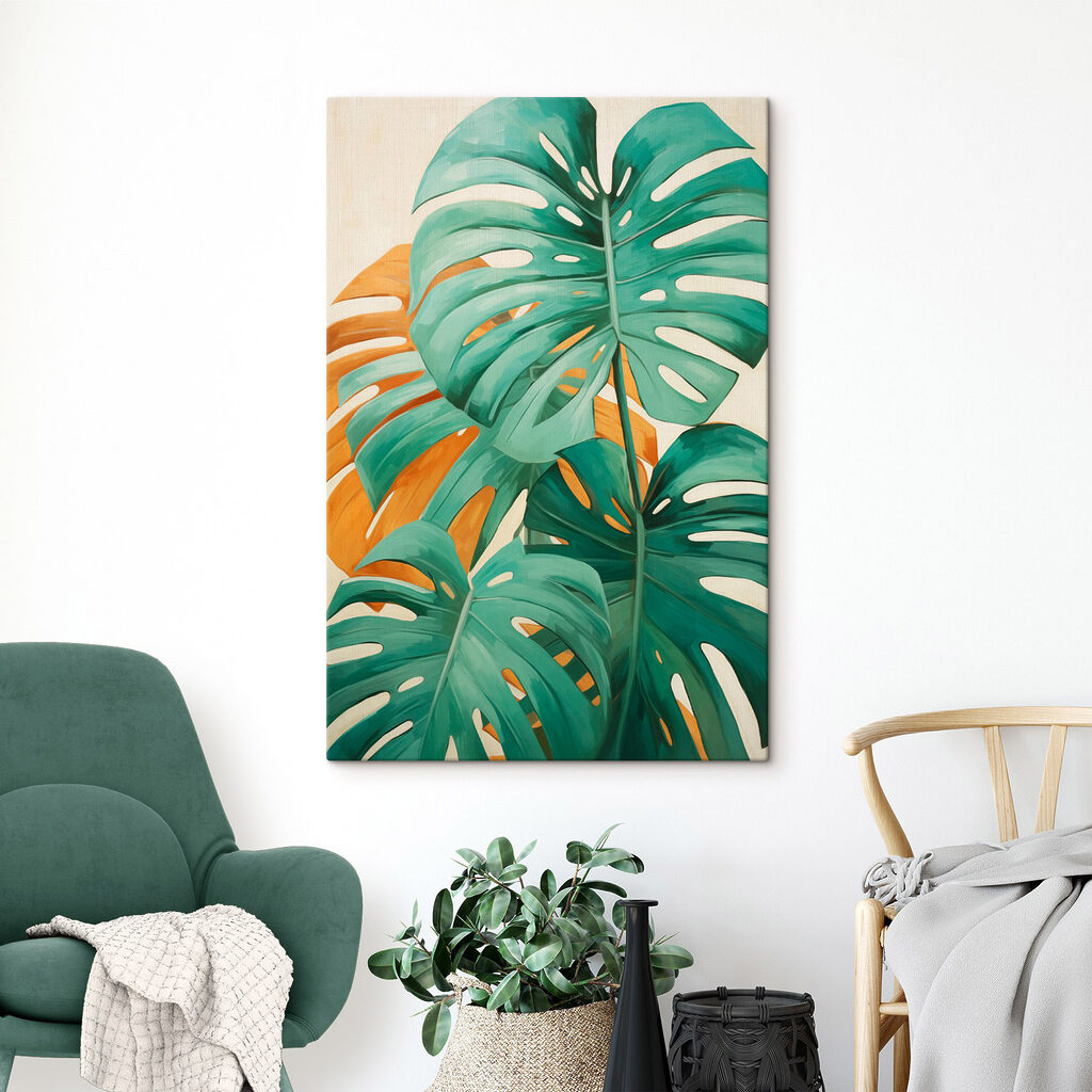 Monstera verde sobre ocre — interior 2
