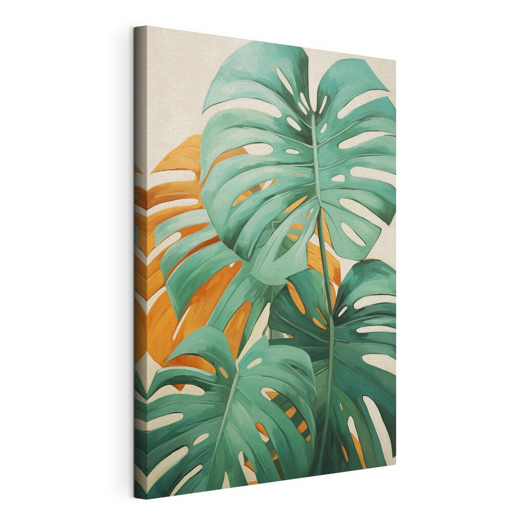 Monstera verde sobre ocre, tela esticada e borda contínua
