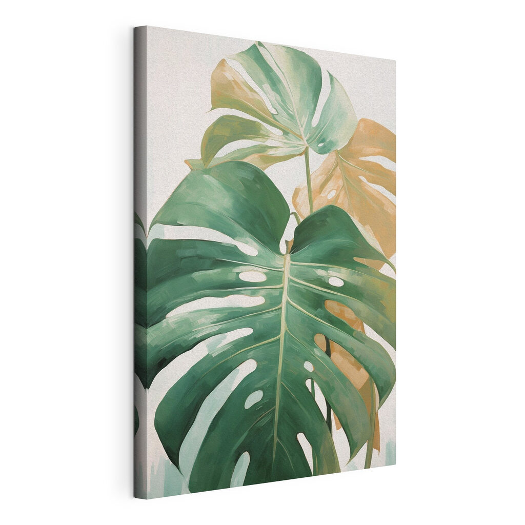 Monstera em pinceladas verdes, tela esticada e borda contínua