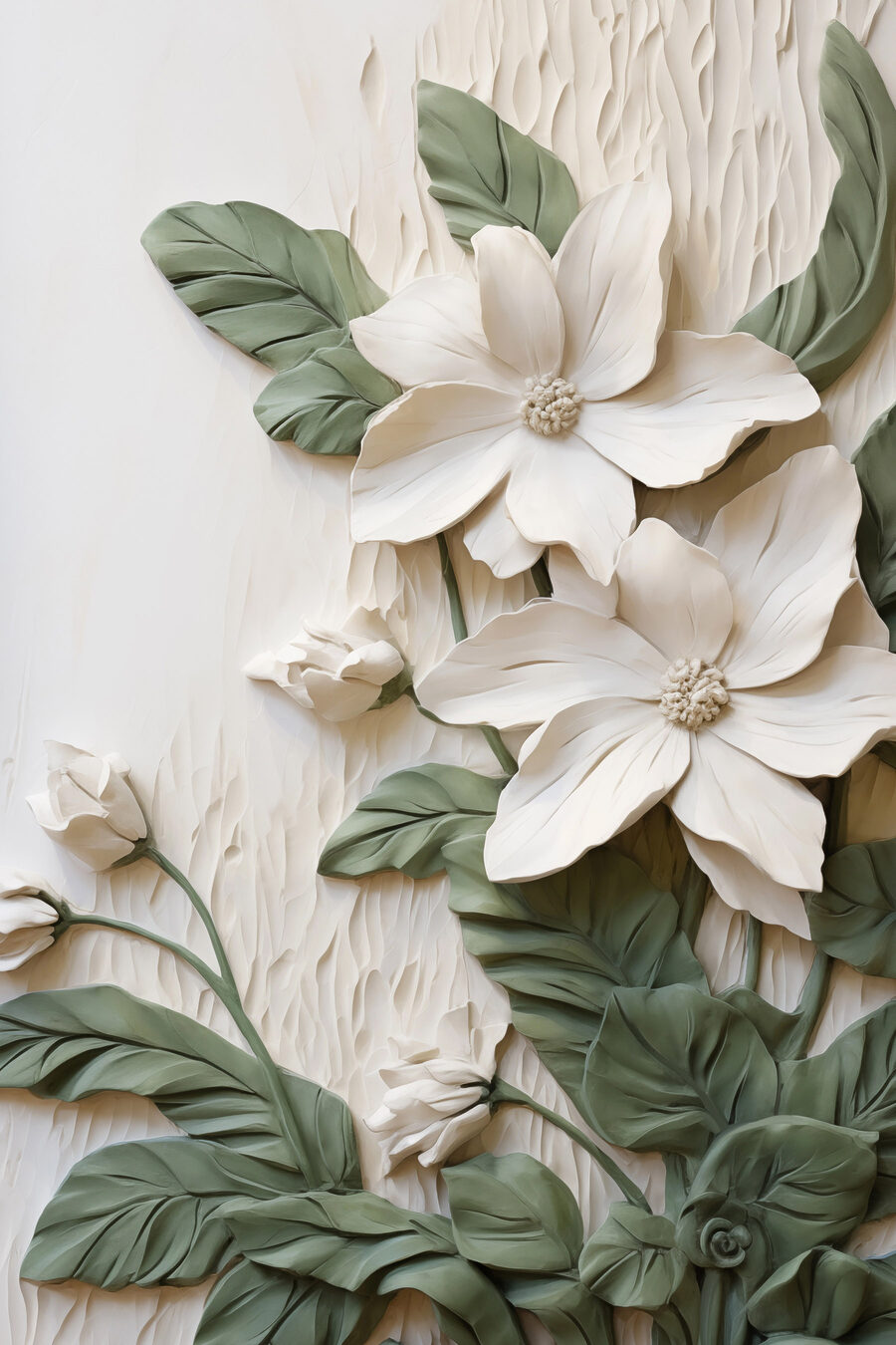 Flores brancas, folhas largas — design completo