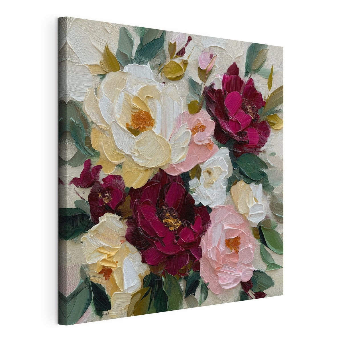 Flores, tela esticada e borda contínua