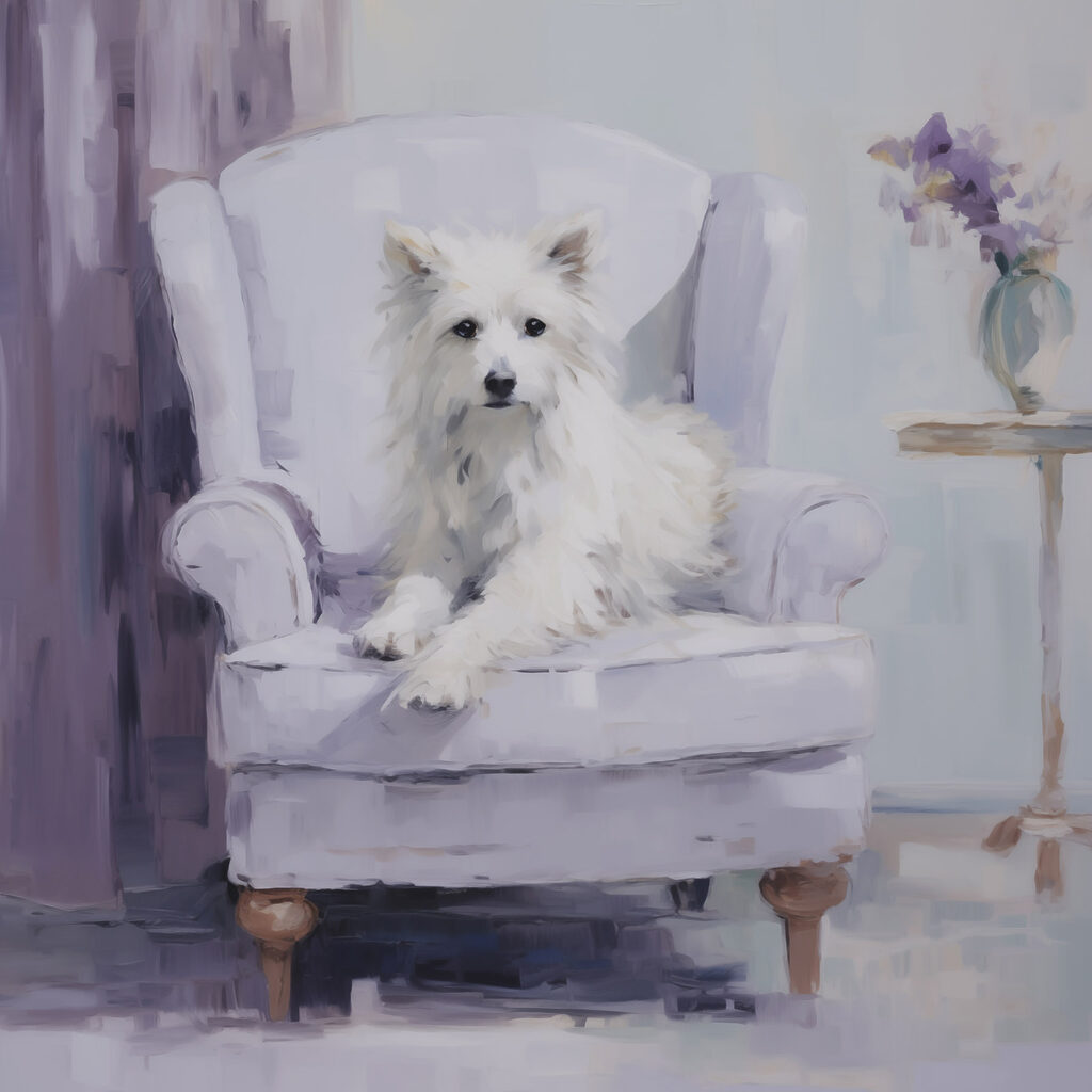 Cãozinho branco em lilás — design completo