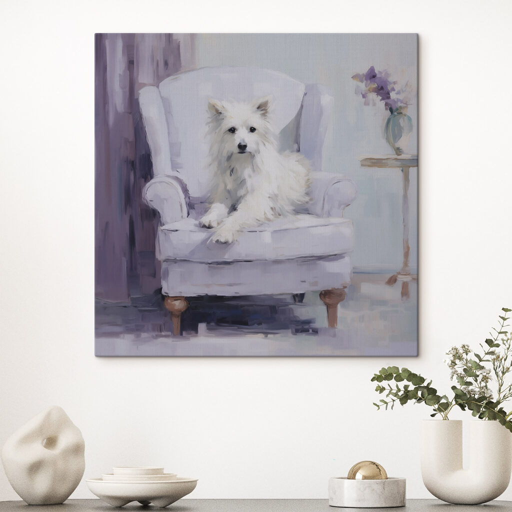 Cãozinho branco em lilás — interior 2