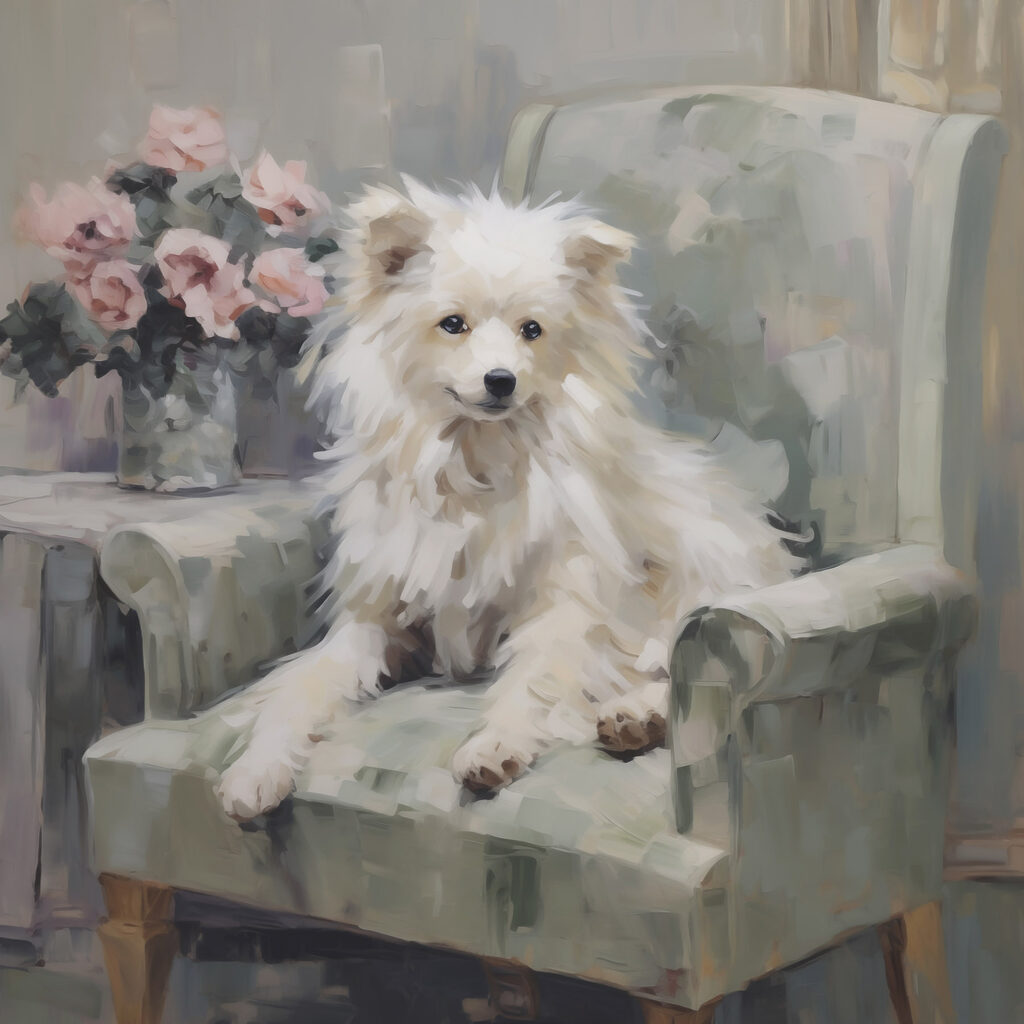 Cãozinho branco na poltrona — design completo
