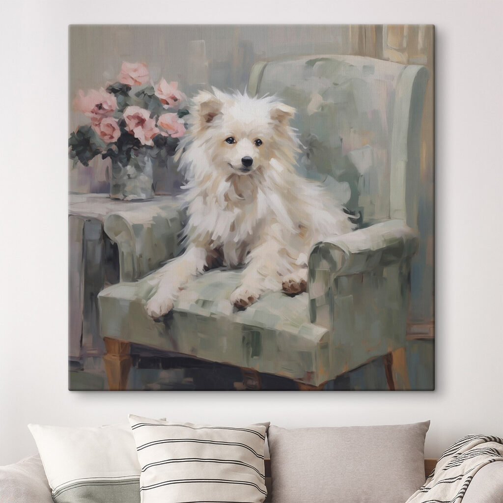 Cãozinho branco na poltrona — interior 1
