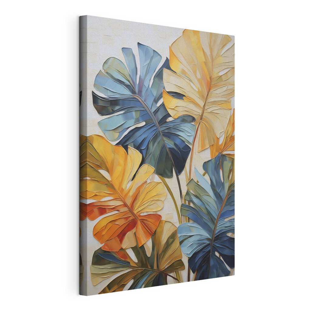 Monstera azul e amarela, tela esticada e borda contínua