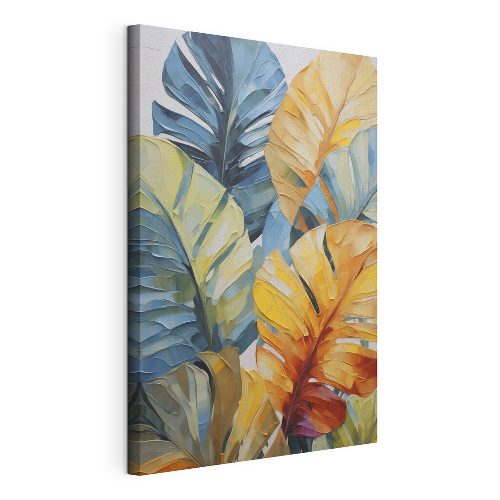 Monstera amarela entre azul, tela esticada e borda contínua