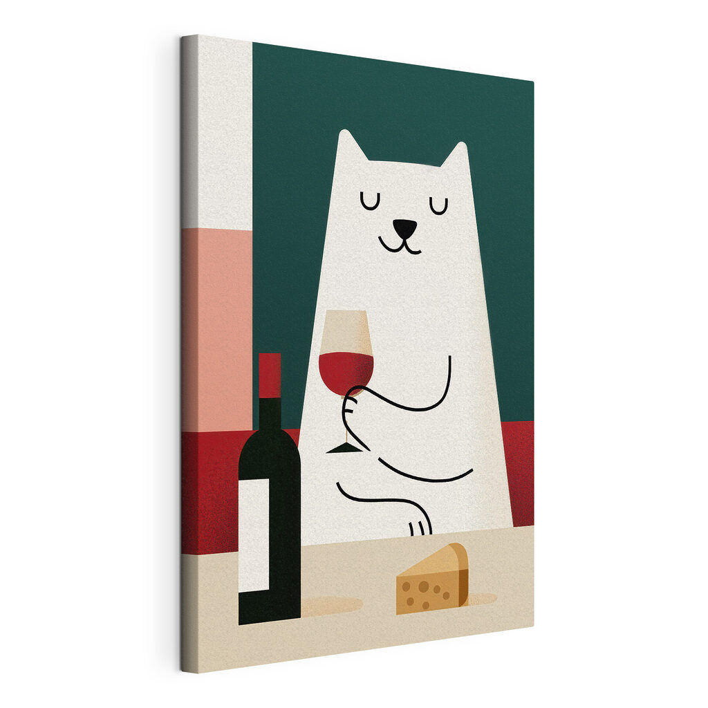 Gato branco com vinho, tela esticada e borda contínua