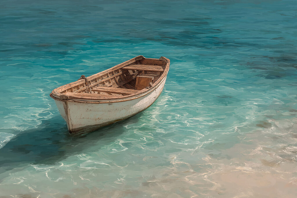 Bote no mar turquesa — design completo