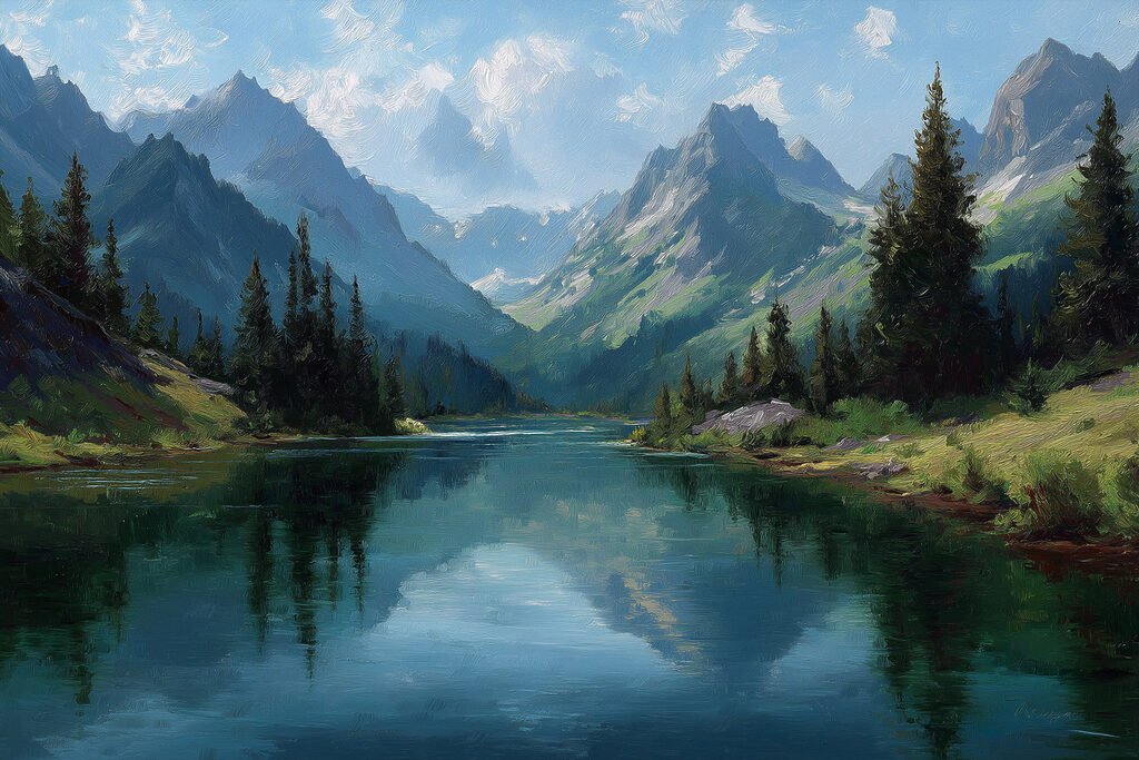 Lago entre montanhas — design completo