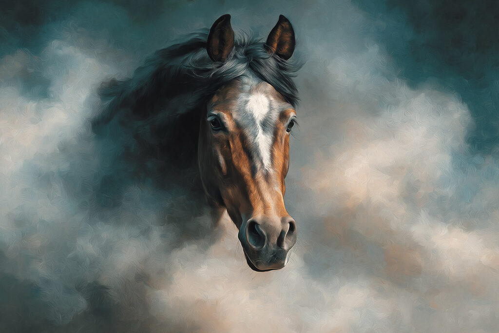 Cavalo na névoa escura — design completo