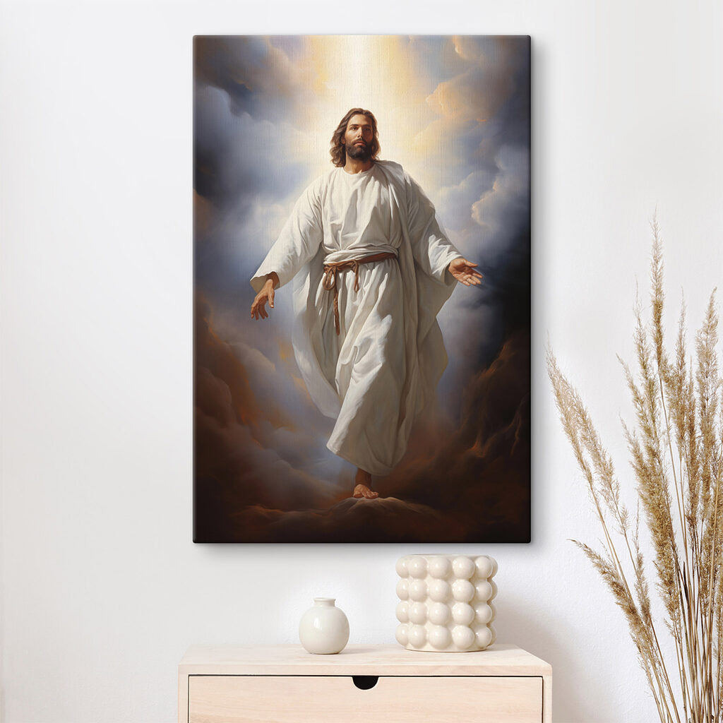 Jesus em contraluz celeste num interior