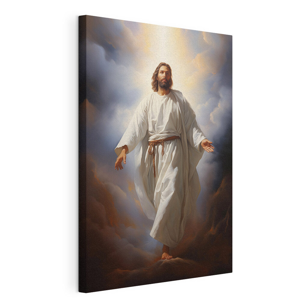Jesus em contraluz celeste, tela esticada e borda contínua