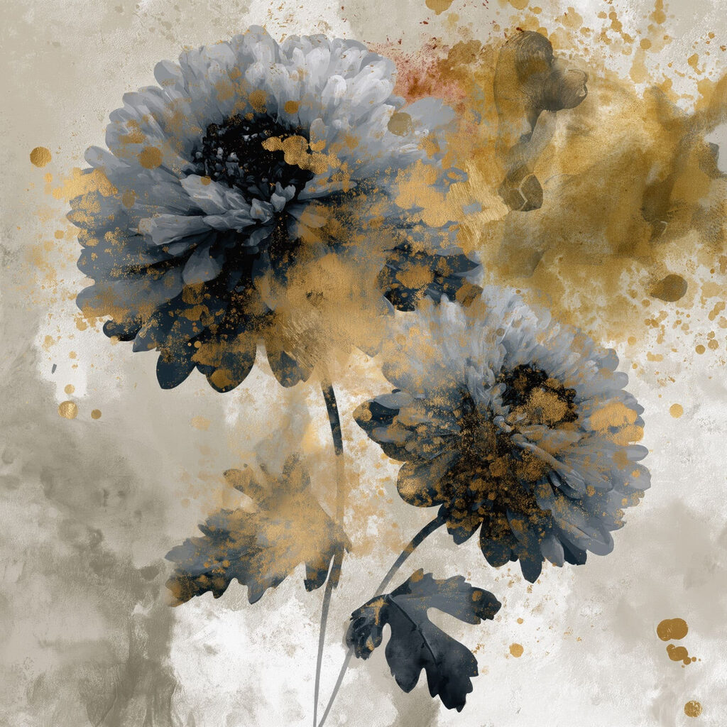 Flores azuis entre salpicos — design completo