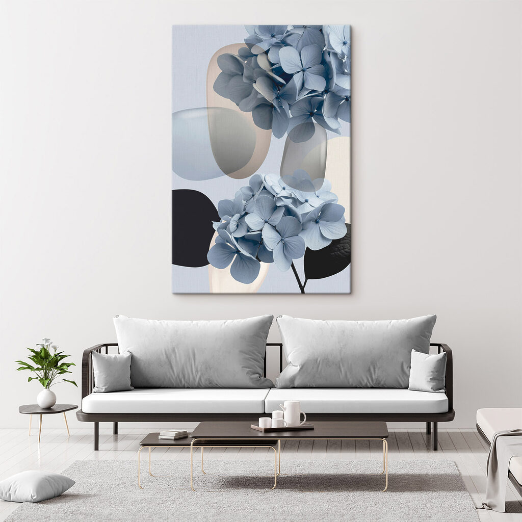 Hortênsias azuis entre curvas — interior 1