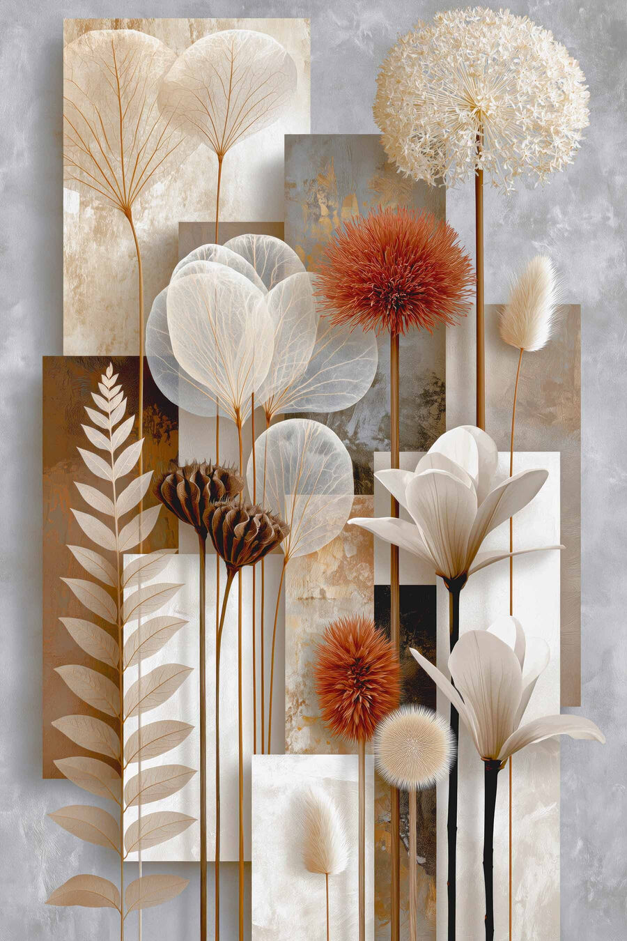 Flores entre painéis altos — design completo