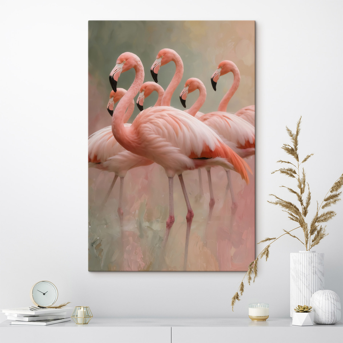 Bando de flamingos num interior