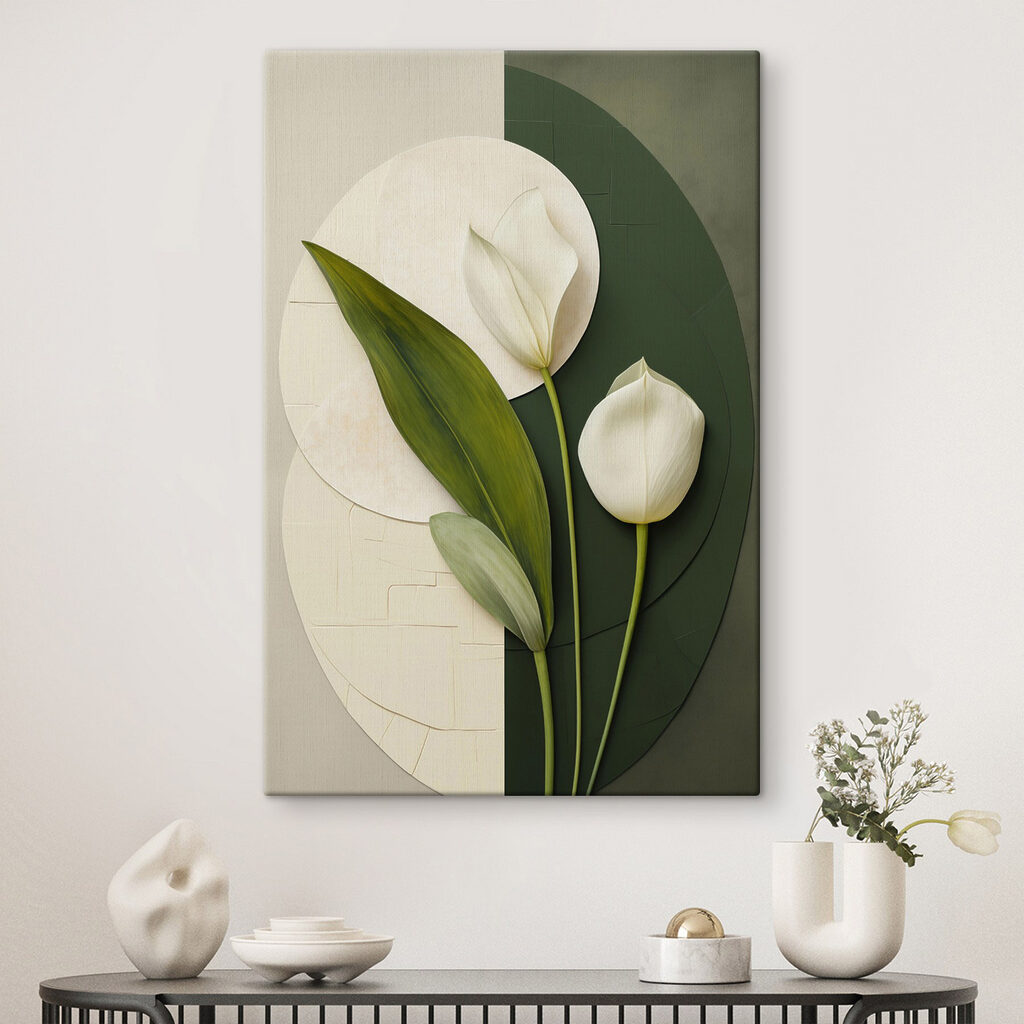 Duas tulipas entre cores num interior